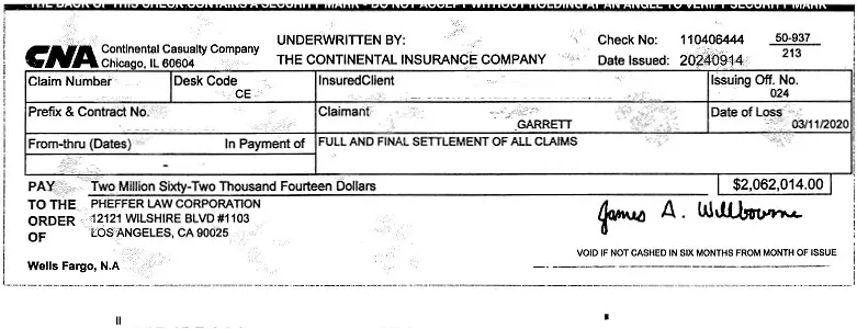 Client Settlement Check for $2,062,014.00