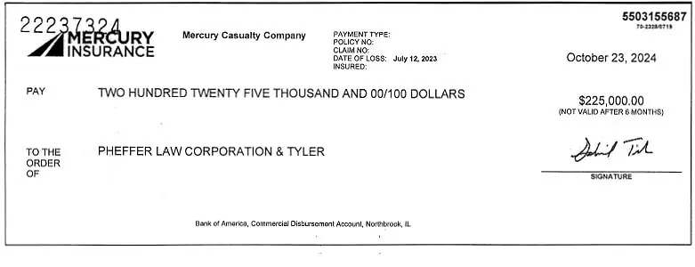 Client Settlement Check for $225,000.00