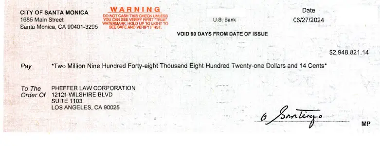 Client Settlement Check for $2.948,821.14