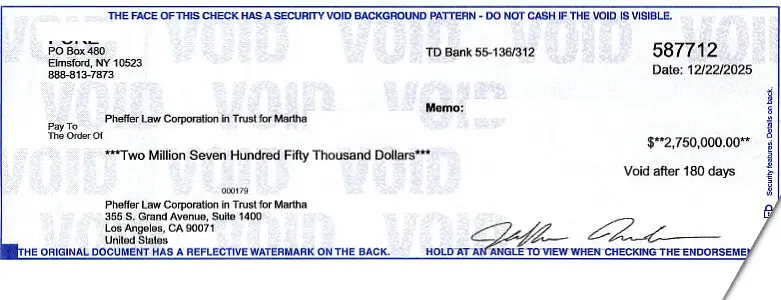 Client Settlement Check for $2,750,000.00